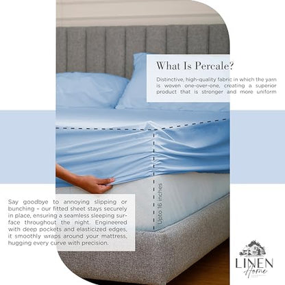 Linen Home 2-Pack Queen Sheet Set, 100% Cotton Percale Bedding, 8-Piece Value Bundle, Deep Pocket Cooling Bed Sheets for Hot Sleepers, Breathable & Crisp Hotel Quality, Long-Staple Cotton, Baby Blue