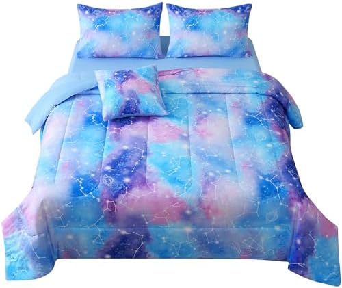 JQinHome Full Gradient Galaxy Comforter Set for Girls,6 Piece Bed in A Bag 3D Colorful Tie Dye Constellation Print Ombre Bedding Set with Sheets(Blue)