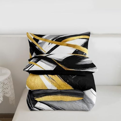 jejeloiu Black Gold Comforter Set Geometric Bedding Set Full Size 3 Pcs