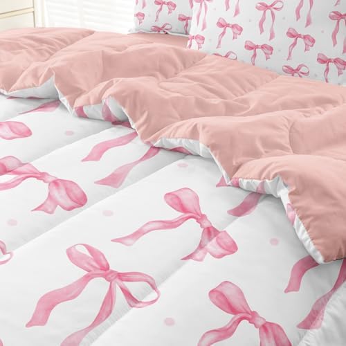 Pink Comforter Set for Girls Princess Bow Knot Bed Set Girly Bedding 5 Pieces Cute Ribbon Bow Decor for Teen Girls Room, Full Size