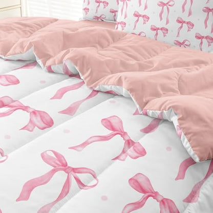Pink Comforter Set for Girls Princess Bow Knot Bed Set Girly Bedding 5 Pieces Cute Ribbon Bow Decor for Teen Girls Room, Full Size