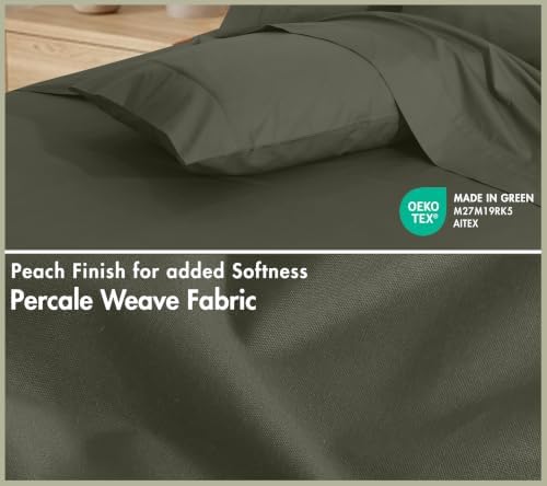 RUVANTI 100% Cotton Twin XL Sheets, Percale Weave Twin XL Set, Deep Olive