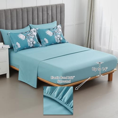 Luxudecor Floral Comforter Set King Size 7 Piece, Teal Blue Flower Bed in a Bag, Elegant Comforter Bedding Set for All Season (Teal Blue, 104"x90")