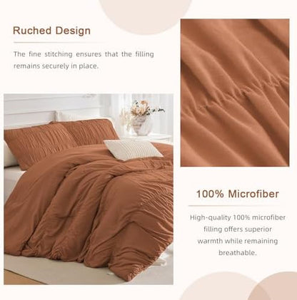 Masaca King Size Comforter Set(106"x95"),3 Pieces Lightweight Ruched Ruffle Pumpkin California King Bed Comforter Vintage Rustic Shabby Boho Farmhouse Burnt Orange Bedding Sets Ultra Soft