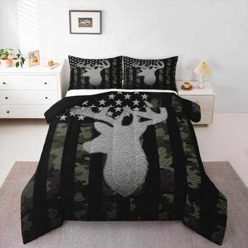 American Flag Queen Comforter Set,Army Green Camouflage Grey Antlers Down Comforter for Man Adult,Camo Deer Hunting Animal Camper Bedding Set Stars Stripes USA Flag Quilt,Farmhouse Style