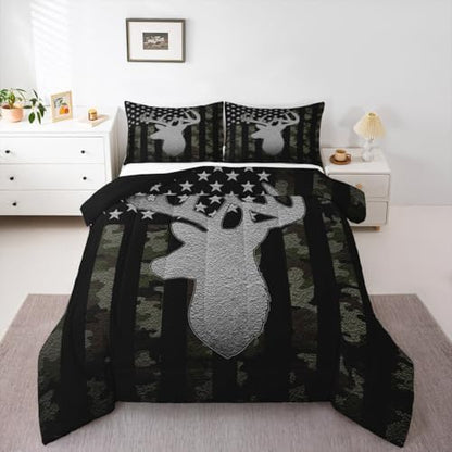American Flag Queen Comforter Set,Army Green Camouflage Grey Antlers Down Comforter for Man Adult,Camo Deer Hunting Animal Camper Bedding Set Stars Stripes USA Flag Quilt,Farmhouse Style
