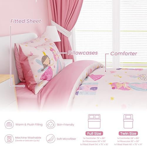 SANDJEST Princess Comforter Set Twin Size 68x86in for Kids Girls, Microfiber 3 Pcs Bedding Set Includes 1 Comforter, 1 Pillowcase, 1 Fitted Sheet, Nursery Room Decor
