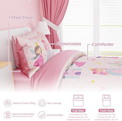 SANDJEST Princess Comforter Set Twin Size 68x86in for Kids Girls, Microfiber 3 Pcs Bedding Set Includes 1 Comforter, 1 Pillowcase, 1 Fitted Sheet, Nursery Room Decor