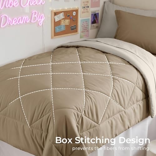 HEVUMYI 5-Piece Twin Comforter Set, Khaki & Linen Bed in a Bag