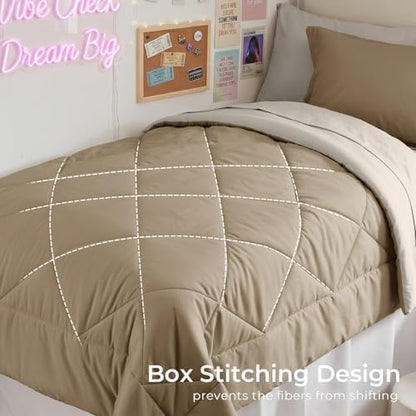 HEVUMYI 5-Piece Twin XL Comforter Set, Khaki & Linen Bed in a Bag