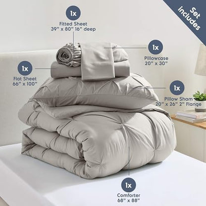 Nestl 7 Piece Twin XL Comforter Set – Linen Pinch Pleated Bed in a Bag – Complete Twin XL Size Bedding Set with Sheets, Set of 2 Cooling Pillows, Pillowcase and Sham