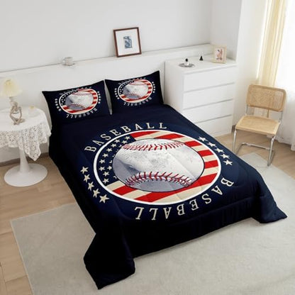 Castle Fairy Boys Baseball American Flag Comforter Set Queen Size Teens Sports Bedding Set Kids Boys Girls Bedroom Decoration Baseball Bed Duvet Insert Navy and Red Comforter with 2 Pillowcase