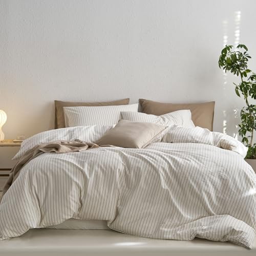 MooMee Striped Duvet Cover Set 100% Washed Cotton Linen Like King