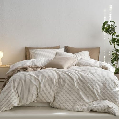 MooMee Striped Duvet Cover Set 100% Washed Cotton Linen Like King