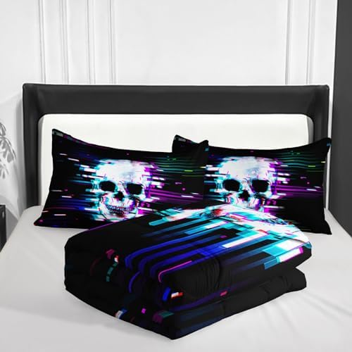Nttopship Black Skull Comforter Set Queen Size,100% Soft Ultra-fine Fiber Four Season Science Fiction Comforter Set with 1 Comforter and 2 Pillow Case
