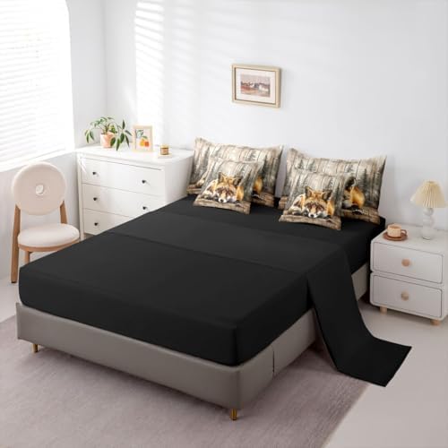 Erosebridal Fox Hunting Bed in A Bag 7 Pcs Jungle Wildlife Comforter Set for Women Men Natural Woodland Animals Bedding Sets King Rustic Country Pine Trees Sheet Set with Comforter