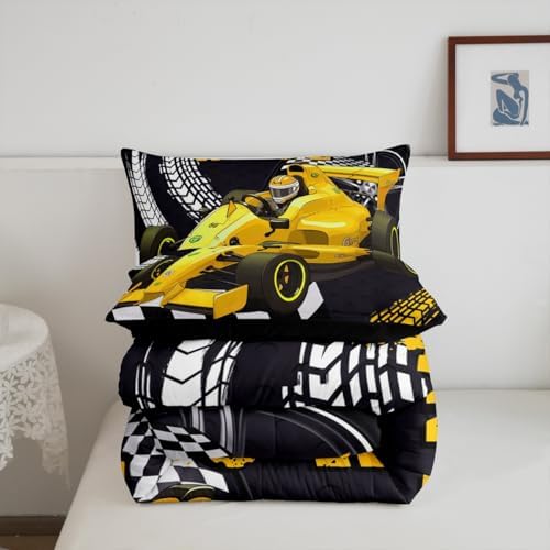 Erosebridal Go Kart Race Car Comforter Set Race Car Bed for Boys Drift Kart Toddler Bedding Sets for Boys,Black White Buffalo Checked Comforter Set Square Grid Plaid Lattice Karting Quilt,Yellow