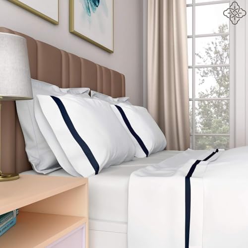 BIOWEAVES 100% Organic Cotton Banded Sheets Soft & Silky Sateen Weaves 4-Piece GOTS Certified Bed Sheet Set Fits Mattress Upto 17" Deep Pocket (Queen, White & Navy Blue)