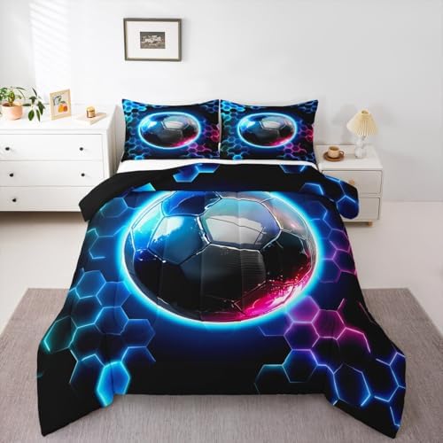 Erosebridal Boys Soccer Kids Bedding | Geometric Honeycomb Comforter Sets King,Colorful Neon Lights Comforter Hexagon Sports Gamer Duvet Insert with 2 Pillow Cases