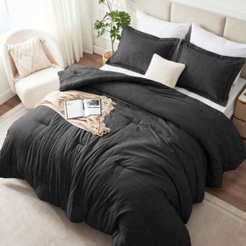 CozyLux Oversized Queen Comforter Set 98x98, Heathered Black, 3 Pieces