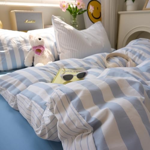 VM VOUGEMARKET Queen Duvet Cover Set Blue White Striped Teens Boys Dorm Bedding Set Soft Lightweight Reversible Microfiber Farmhouse Duvet/Quilt Cover with Zipper-90 x90,Blue White