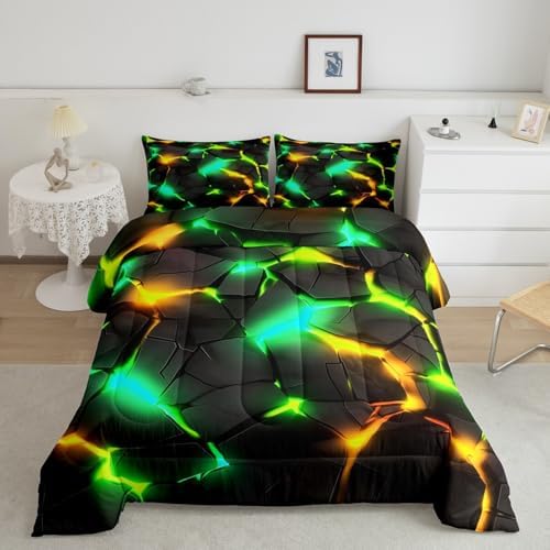 Feelyou Kids Green Yellow Honeycomb Comforter Set Toddler Size, Hexagonal Bedding Set Beehive Duvet Insert Boys Girls Teens Bedroom Decor with 1 Pillow Case