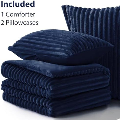 EXQ Home Fluffy Comforter Set Full Size,3 Pieces Bed Set,Navy Blue
