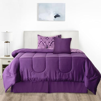 LUX Décor Reversible 4pc Twin Comforter Set, Printed Bedding Set, All-in-One Bed in a Bag, Includes 1 Comforter, 1 Pillow Sham, 1 Decor Pillow & 1 Bed Skirt (Paisley Purple,Twin)