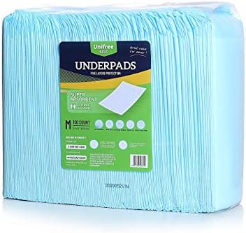 Unifree Disposable Underpad, Bed Pads, Incontinence Pad, Super Absorbent, 100 Count, Blue (M 24x24 Inch)