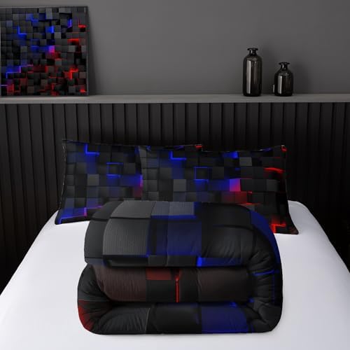 Nttopship Neon Blue and Red Black Comforter Set King Geometric Kids Bedding Set,3 PCS Geometry Honeycomb Modern Room Decor Quilt Set 1 Comforter 2 Pillow Cases All Season B-Side Black