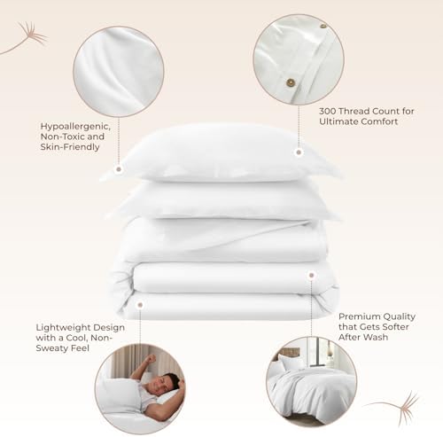 100% Organic Cotton Duvet Cover Queen Size - Naturally Soft Lightweight & Cooling Duvet Cover Set with Decorative Shams - Premium GOTS Certified 300 Thread Count Sateen Weave (White, Queen)