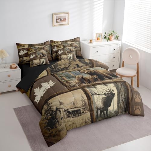 Erosebridal Grizzly Bear Deer Plaid 7 Piece Queen Comforter Set, Rustic Farmhouse Cabin Bedding Sets for Kids Boys Men,Country Maple Leaf Bed in a Bag with Sheets,Hunting Wildlife Theme Bed Set