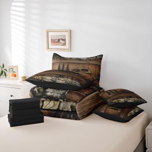 Queen Happy Camping Decor Comforter Set 7 Pieces, Rustic Camper Reversible Bed In A Bag Camper Accessories For Travel Trailers Bedding Set Camper Comforter, Flat Sheet, Fitted Sheet, Pillowcases