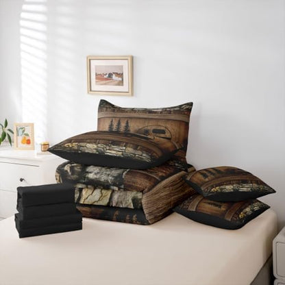 Queen Happy Camping Decor Comforter Set 7 Pieces, Rustic Camper Reversible Bed In A Bag Camper Accessories For Travel Trailers Bedding Set Camper Comforter, Flat Sheet, Fitted Sheet, Pillowcases