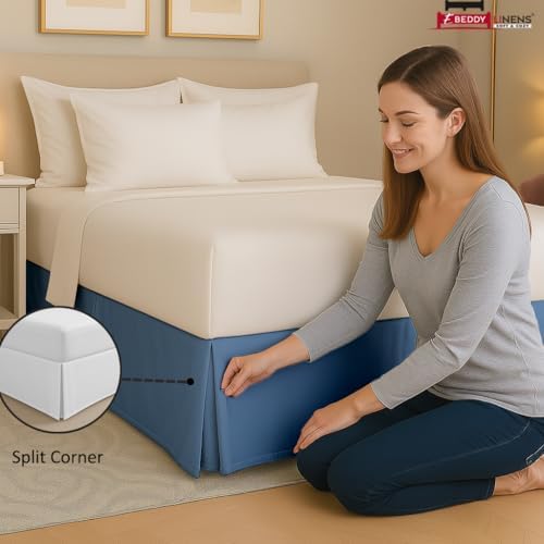 eBeddy Linens Split Corner Bed Skirt Queen 16 Inch Drop – 100% Microfiber, – Platform Style, Lake Blue Solid, 3-Sided Pleated, Tailored Fit, Hidden Storage, Hotel Luxury, Washable