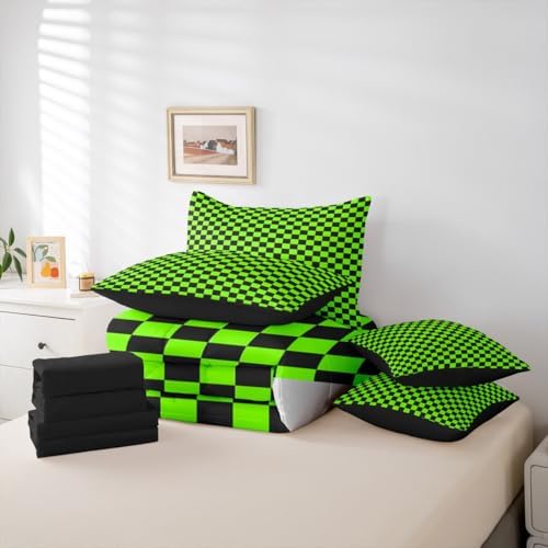 jejeloiu Bright Green Black Comforter Set with Sheets 7 Piece King Size