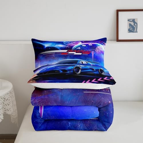 Feelyou Blue Race Car Bedding Set Toddler Size for Kids Boys Extreme Sports Car Comforter Set Decorations Teens Galaxy Planet Car Duvet Set Cool Modern Quilt Set 2Pcs