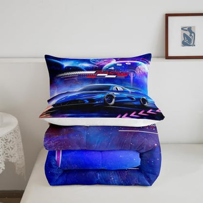 Feelyou Blue Race Car Bedding Set Toddler Size for Kids Boys Extreme Sports Car Comforter Set Decorations Teens Galaxy Planet Car Duvet Set Cool Modern Quilt Set 2Pcs