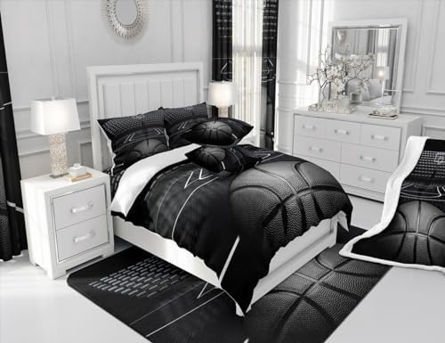 Black Basketball Comforter Set Queen Size for Kids Boys,3D Basketball Court Quilt Set 3Pcs,Teens Child Room Decor Ball Sports Gaming Theme Bedding Set Modern Fashion Duvet Insert,2 Pillowcases