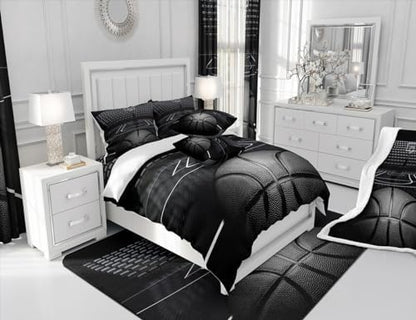 Black Basketball Comforter Set Queen Size for Kids Boys,3D Basketball Court Quilt Set 3Pcs,Teens Child Room Decor Ball Sports Gaming Theme Bedding Set Modern Fashion Duvet Insert,2 Pillowcases