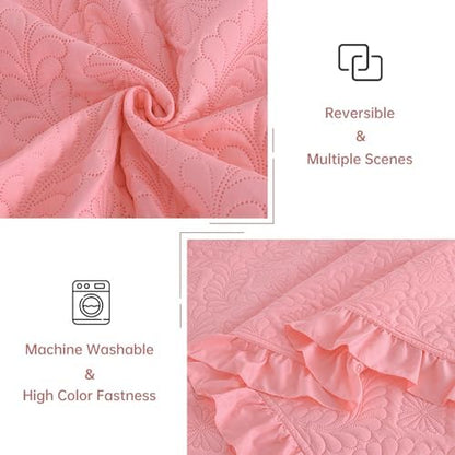 DJY Pink Queen Size Quilt Set, Ruffled Quilt Bedding Set
