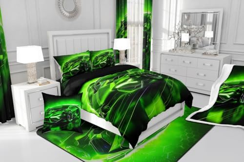 Feelyou Kids Boys Race Car 7 Piece Bedding Set Twin Size Green Sports Car Comforter Set with Sheets for Kids Teens Boys Girls Extreme Sports Theme Bed in a Bag Speed Luxury Car Bed Set