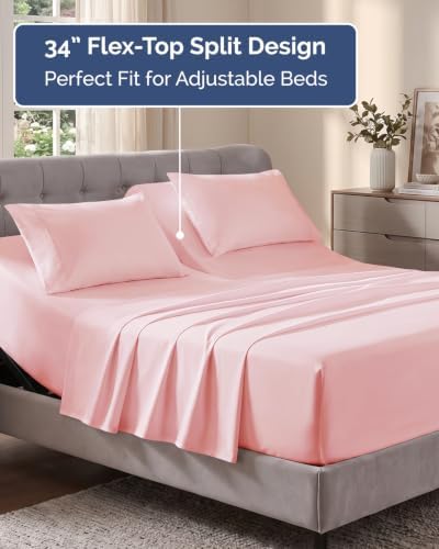 Flex Top Split Head King Sheet Set - 4 Piece Extra Deep Sheets - Baby Pink