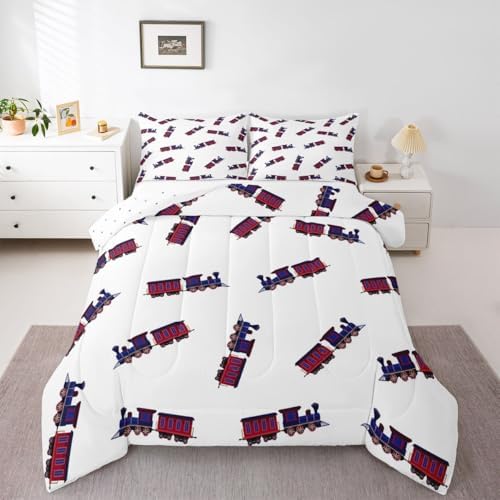 Feelyou Cute Retro Train Comforter Set King Size Vintage Steam Locomotive Down Bedding Set for Kids Boys Girls Transportation Vehicles Duvet Quilt Bedroom Decor Microfiber 3 Pcs with 2 Pillow Cases