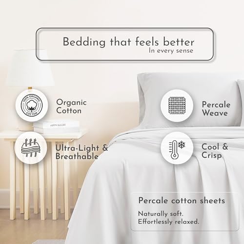 Linen Closet 100% Organic Cotton Queen Sheets Set, 4 Pieces, Light Grey - Percale Bed Sheets & Pillowcases Set - Up To 16" Deep Pocket Fitted Sheet - Cooling, Crisp & Breathable - For Hot Sleepers