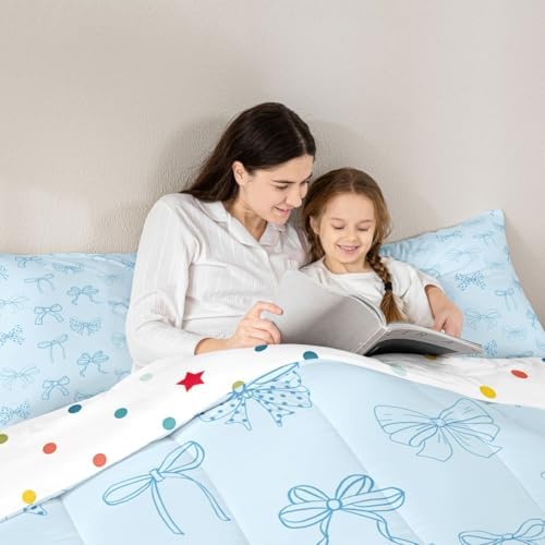 jejeloiu Bow Comforter Set All Season Bowknot Bedding Set with 2 Pillow Cases Bow Tie Microfiber Kids Queen Bedclothes Dreamy Princess Style Bedroom Decor Duvet Quilt Breathable Soft Lightweight
