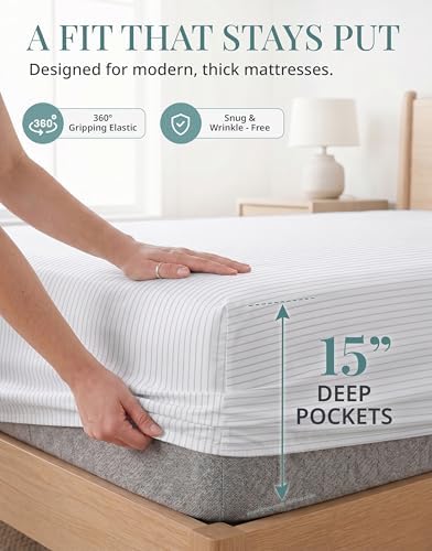 450TC 100% Cotton Sateen Split King Sheet & Pillowcase Sets, Ticking Stripe