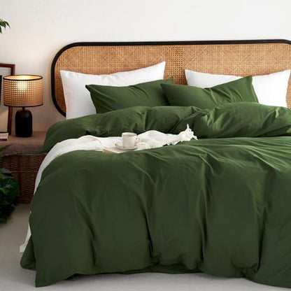 Wake In Cloud - Cotton Duvet Cover Set, 100% Washed Cotton, Linen Like Textured, Breathable Durable Comfy Farmhouse Neutral Bedding Set, 3 Pieces, Olive Green, Queen Size
