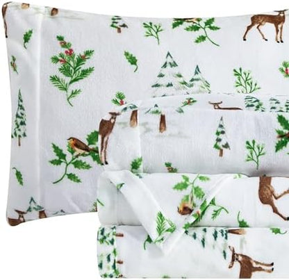 Elegant Comfort Luxuriously Soft 4-Piece Holiday Velvet Plush Flannel Sheet Set - Premium Quality - Cozy Warm, Christmas Fuzzy Velvet Flannel Fleece Deep Pocket Sheet Set - Twin XL, Enchanted Woods