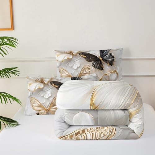 Luxury 3D Butterfly Comforter Set Full Size for Teen Boys Girls,Black and Goldern Butterfly Bedding Set,White Floral Print Quilt Set for Adults Women Bedroom Decor